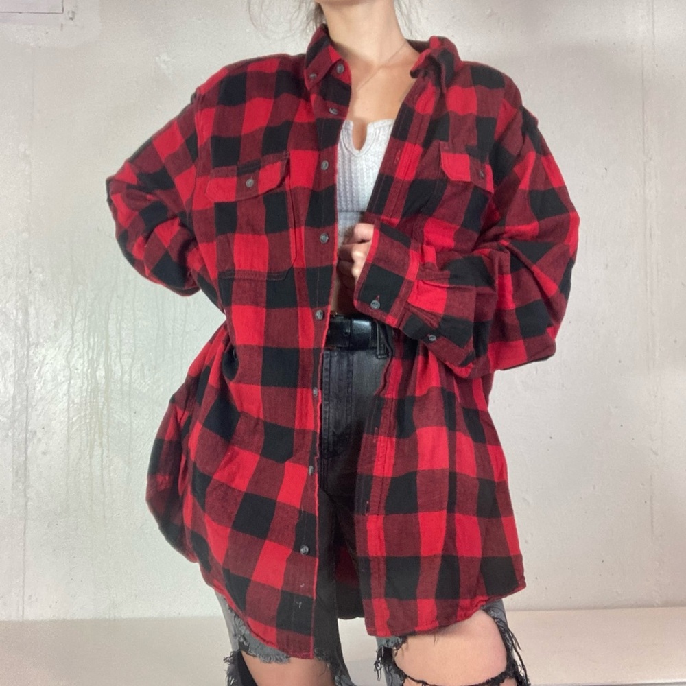 Black + Red Buffalo Check Plaid Long Sleeve Button Down Flannel Shirt